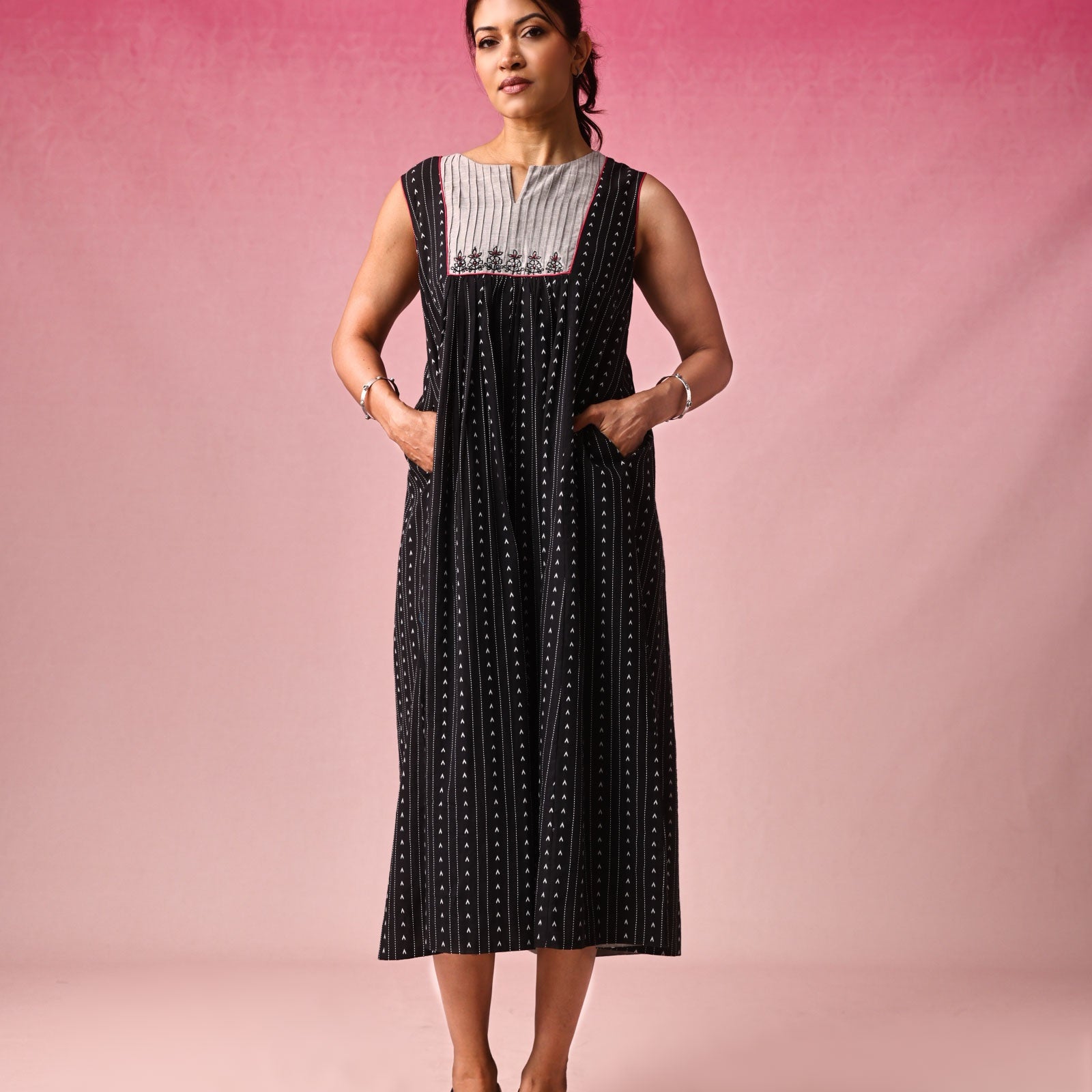 Anjana Cotton Dobby Dress in Black by Lavira