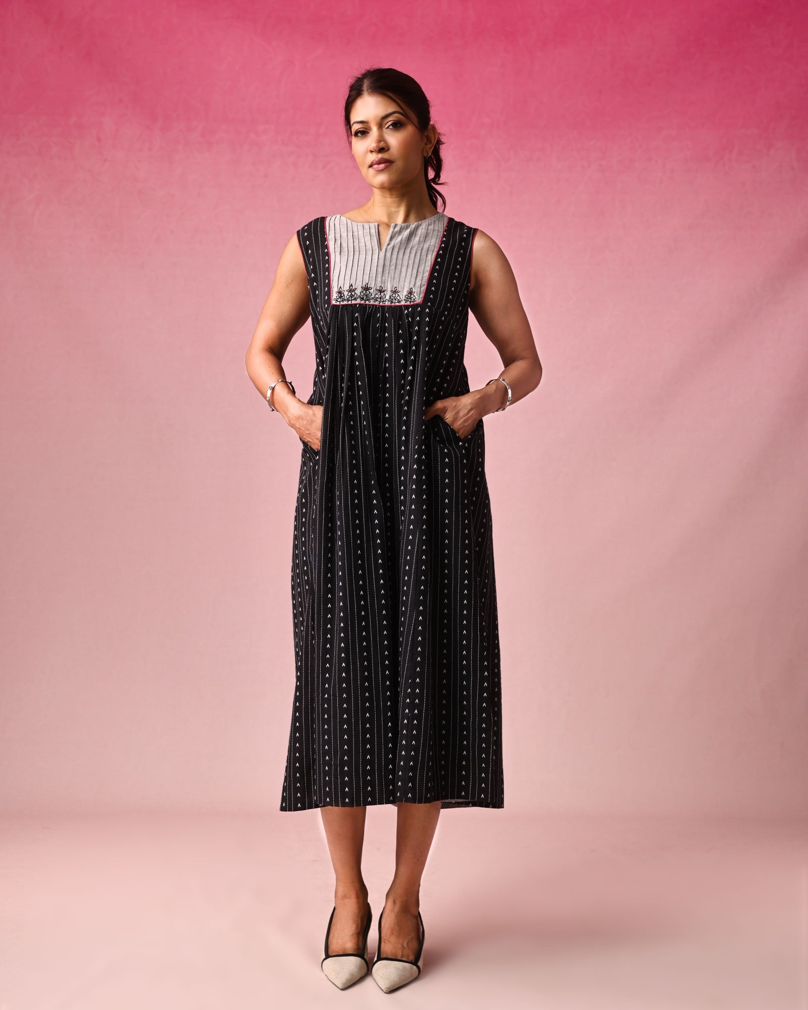 Anjana Cotton Dobby Dress in Black by Lavira