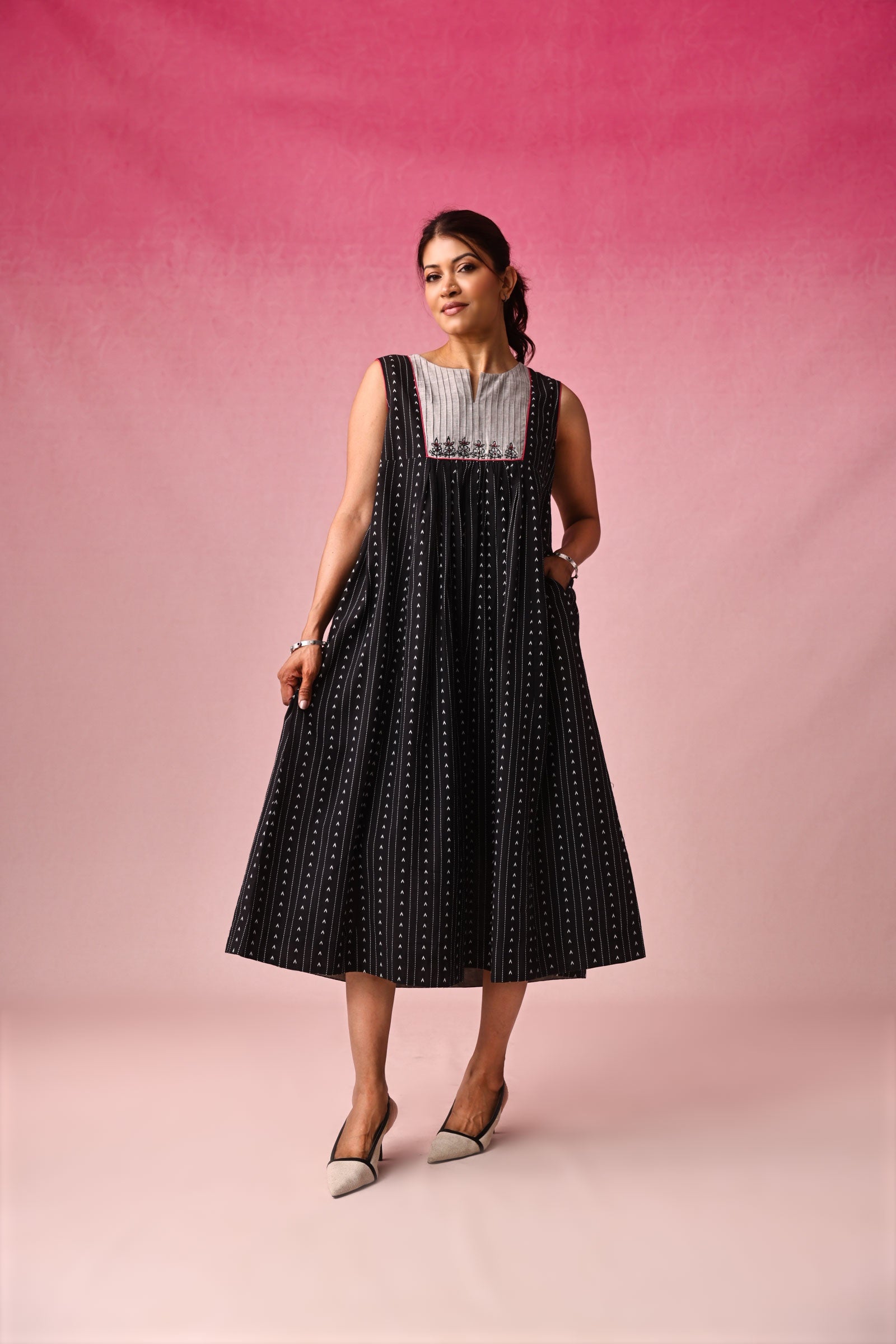 Anjana Cotton Dobby Dress in Black by Lavira