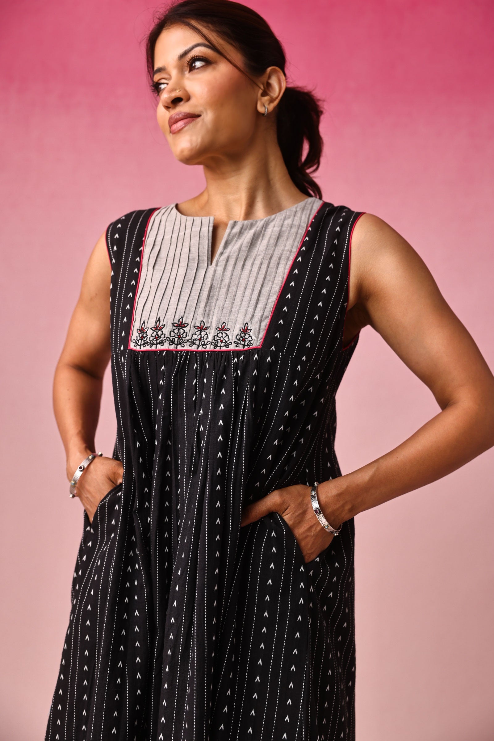 Anjana Cotton Dobby Dress in Black by Lavira