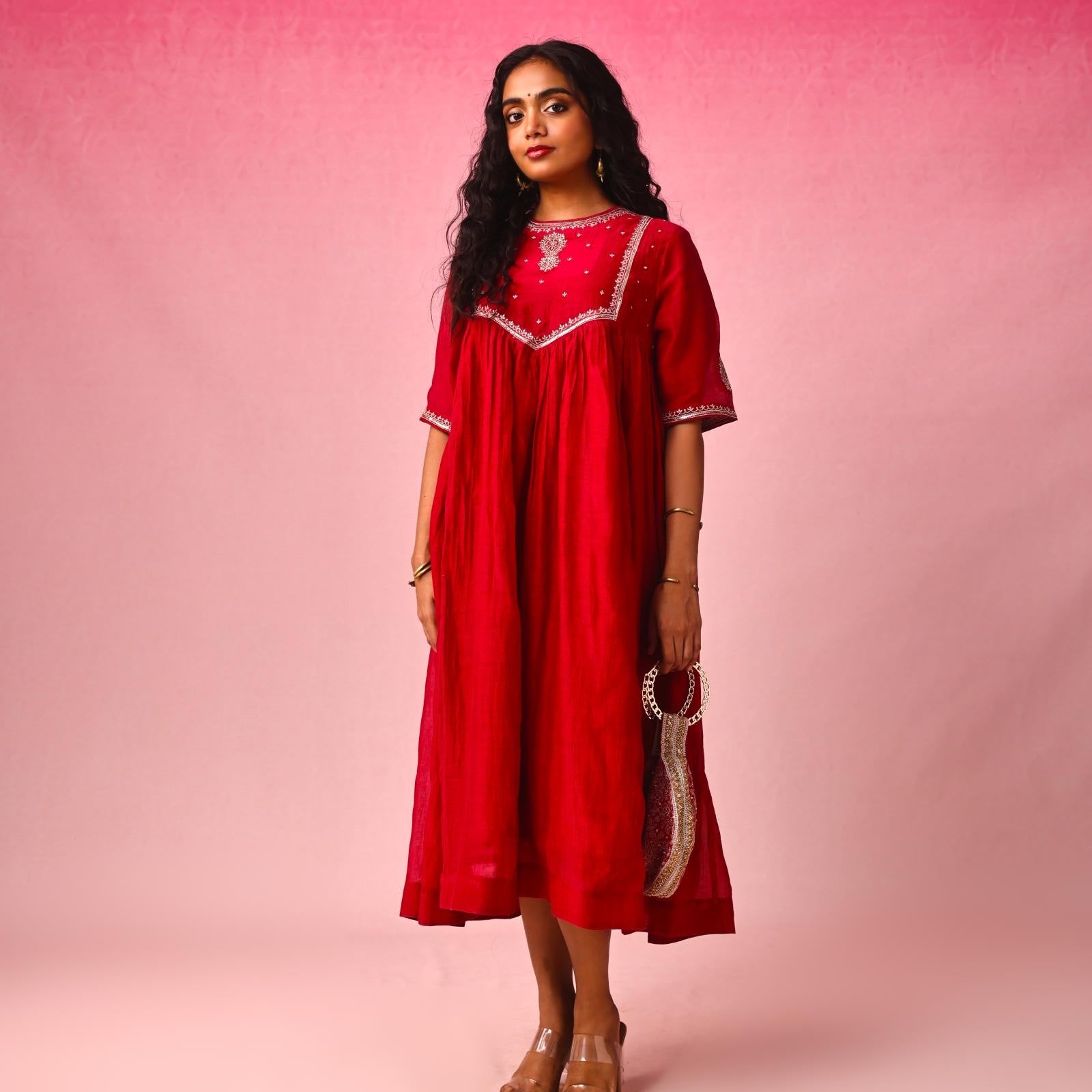 Gulnar Chanderi Kurta in Red by Lavira