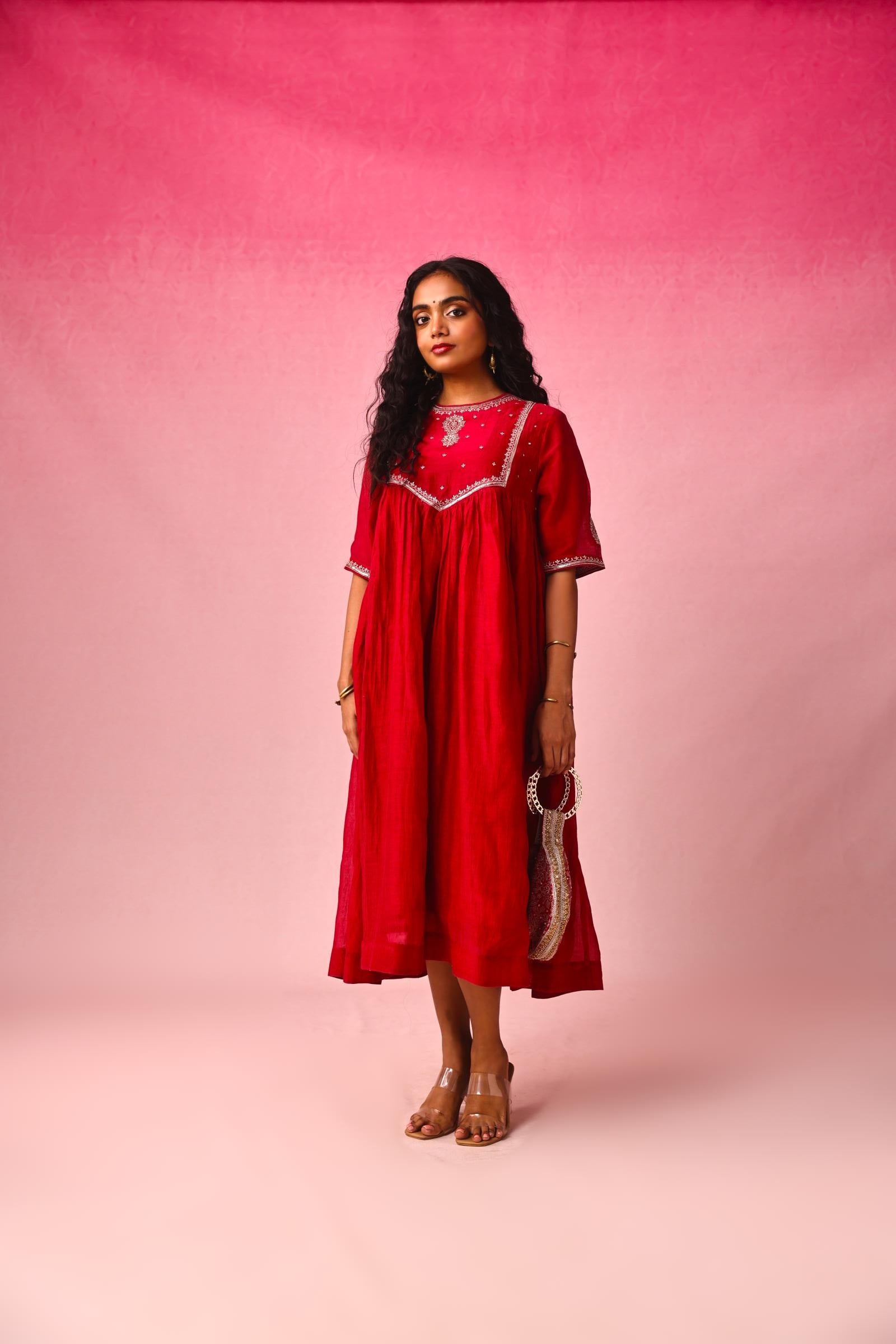 Gulnar Chanderi Kurta in Red by Lavira