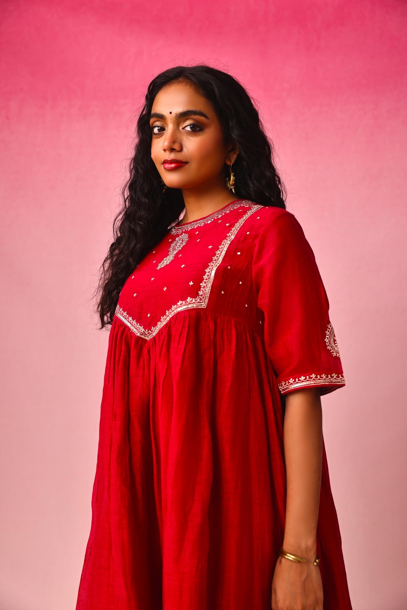 Gulnar Chanderi Kurta in Red by Lavira