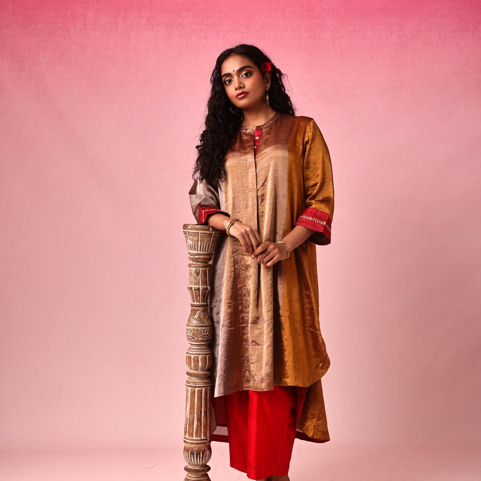 Kanaka Zari Tissue Kurta Set in Gold by Lavira