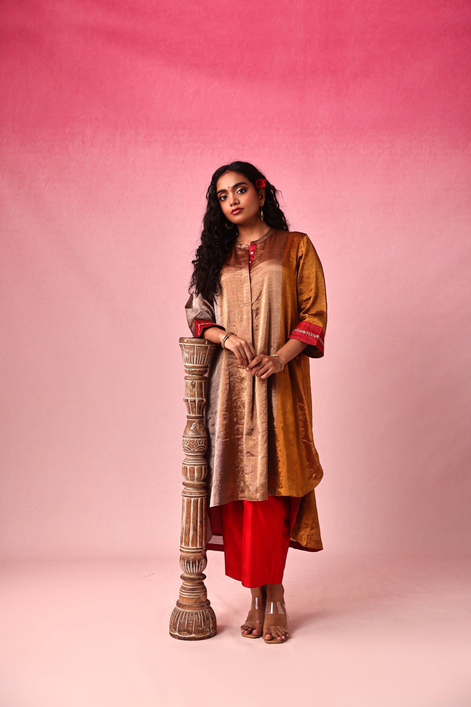 Kanaka Zari Tissue Kurta Set in Gold by Lavira