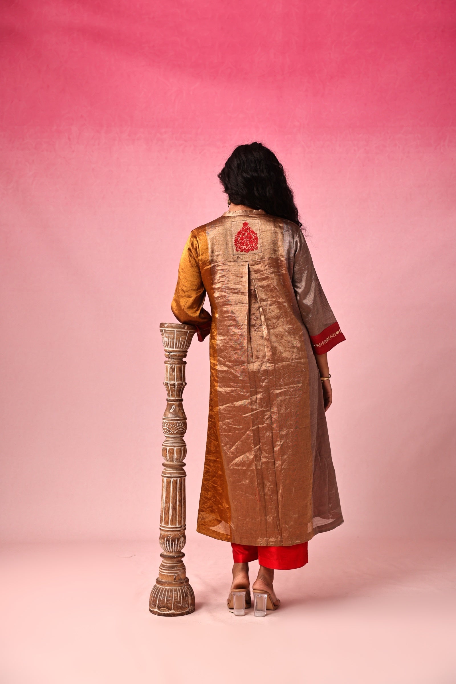 Kanaka Zari Tissue Kurta Set in Gold by Lavira