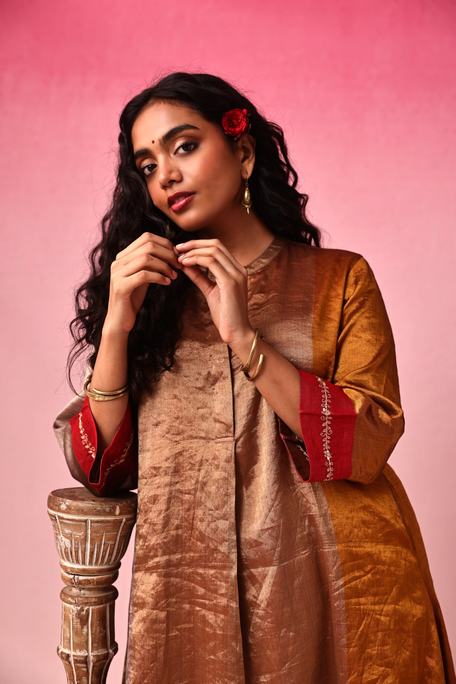 Kanaka Zari Tissue Kurta Set in Gold by Lavira