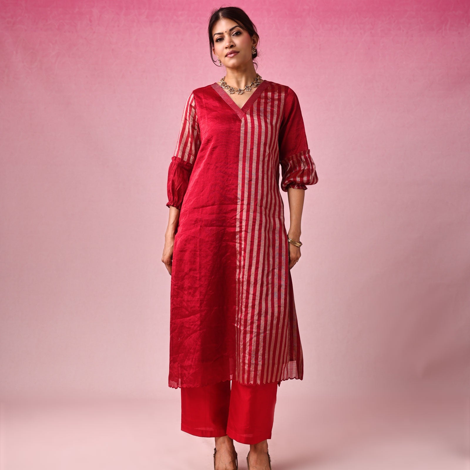 Lalita Zari Tissue Kurta Set in Red by Lavira