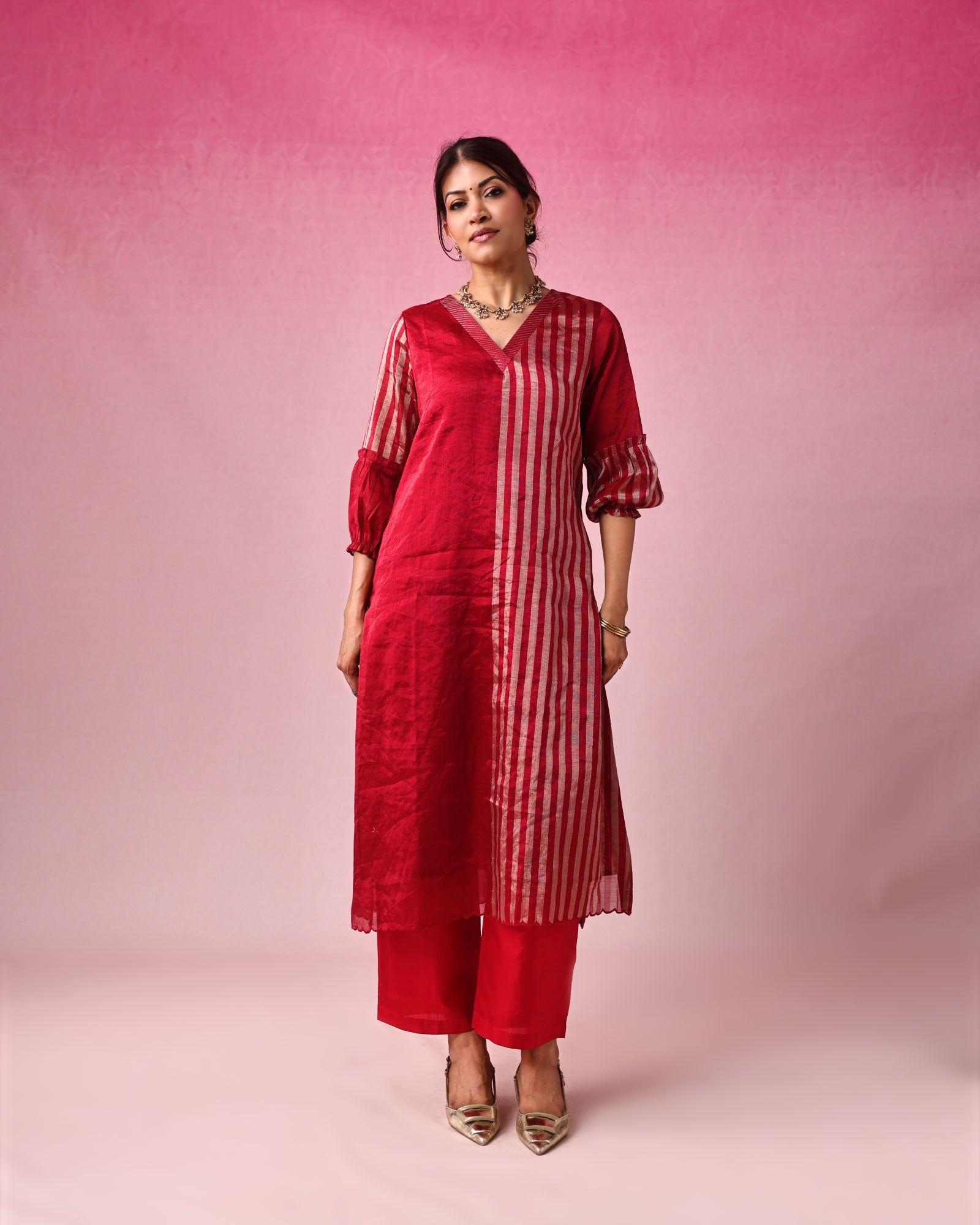 Lalita Zari Tissue Kurta Set in Red by Lavira