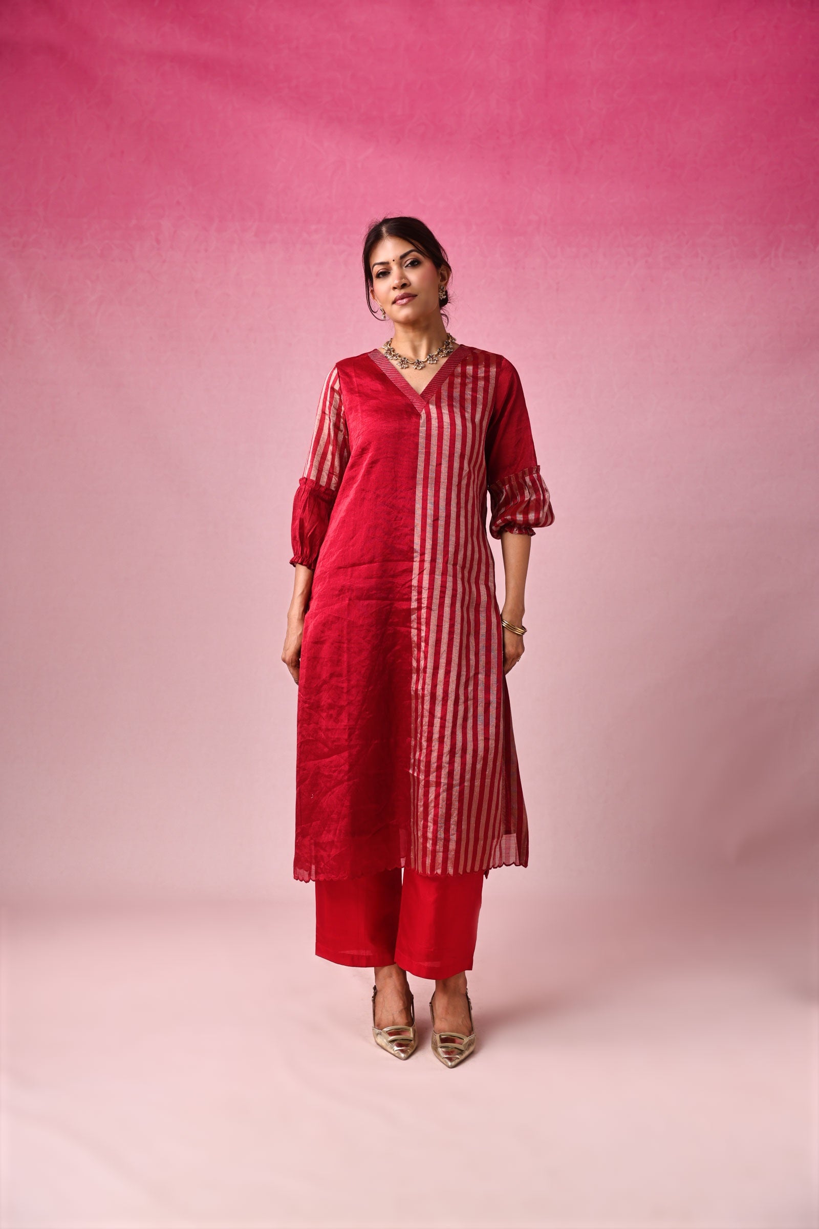 Lalita Zari Tissue Kurta Set in Red by Lavira