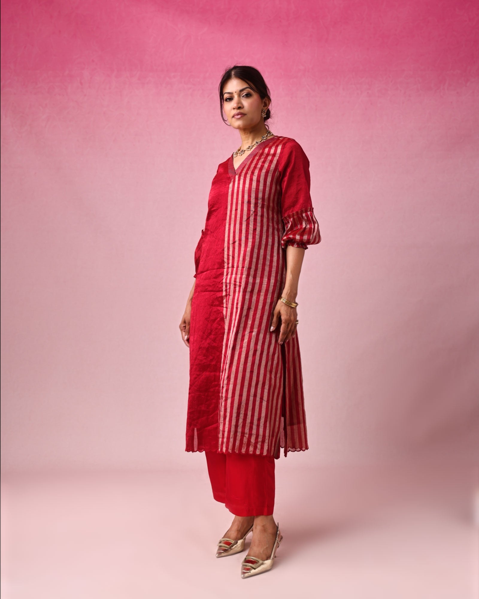 Lalita Zari Tissue Kurta Set in Red by Lavira