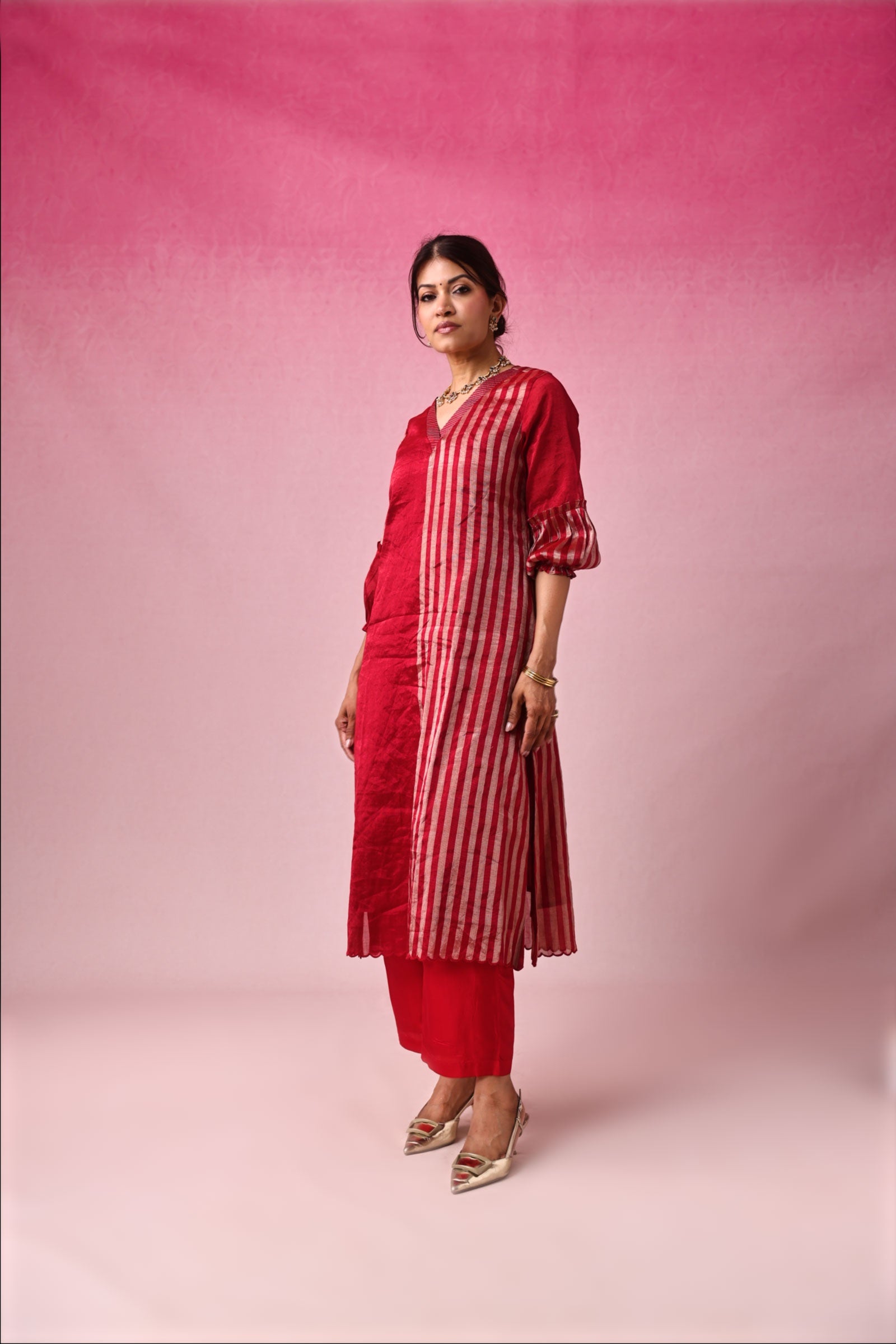 Lalita Zari Tissue Kurta Set in Red by Lavira