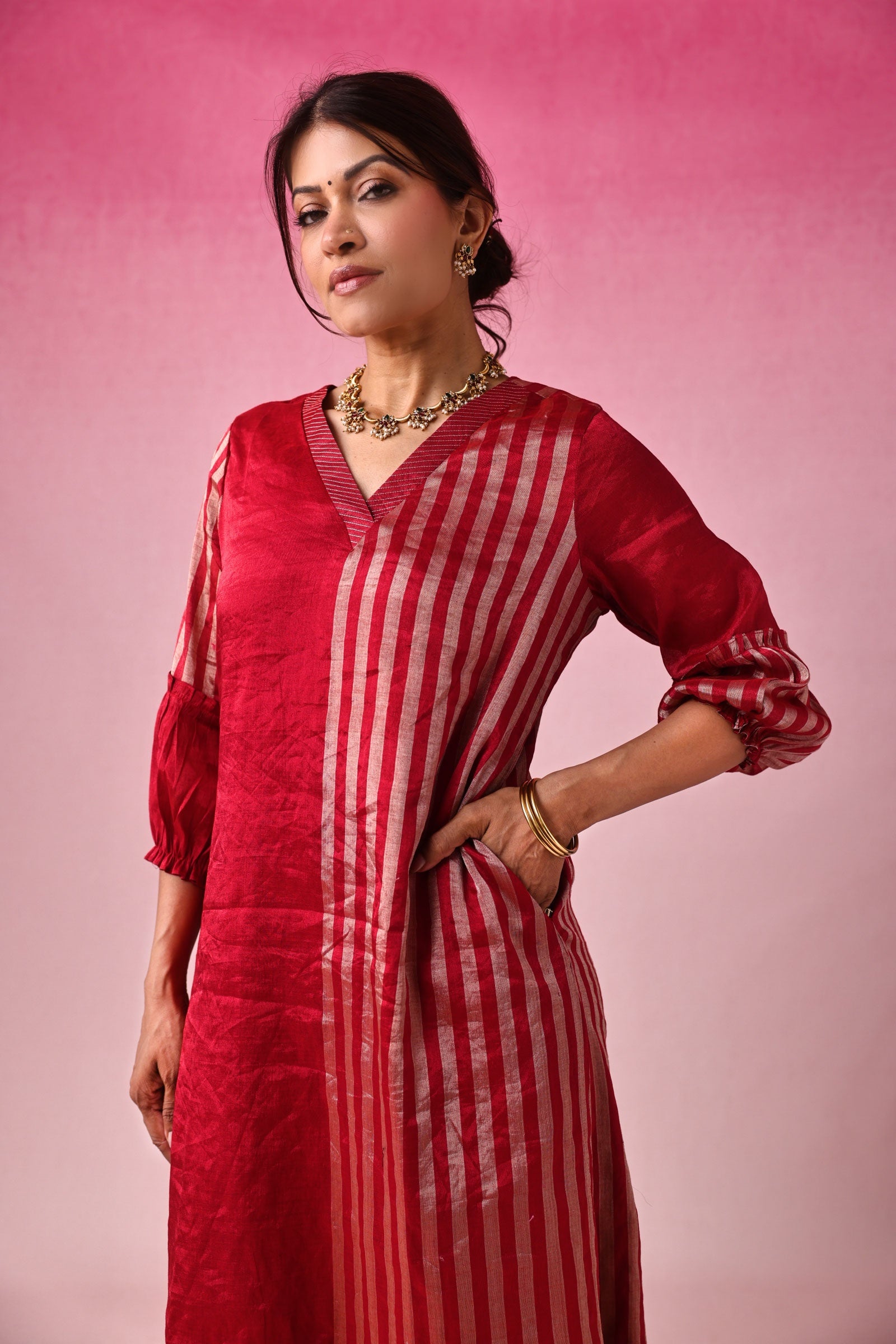 Lalita Zari Tissue Kurta Set in Red by Lavira