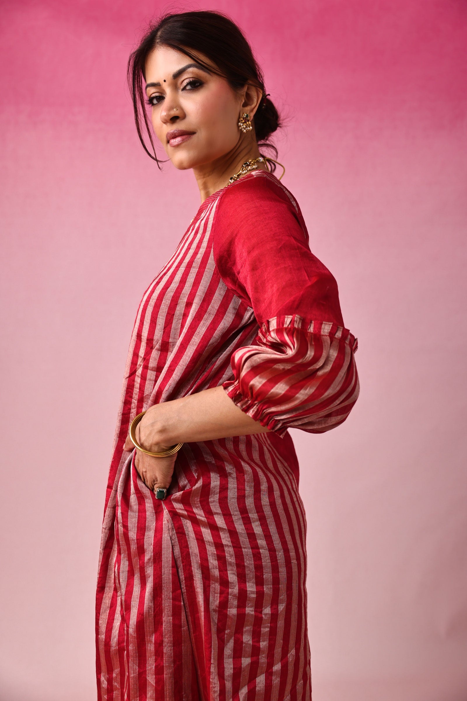 Lalita Zari Tissue Kurta Set in Red by Lavira
