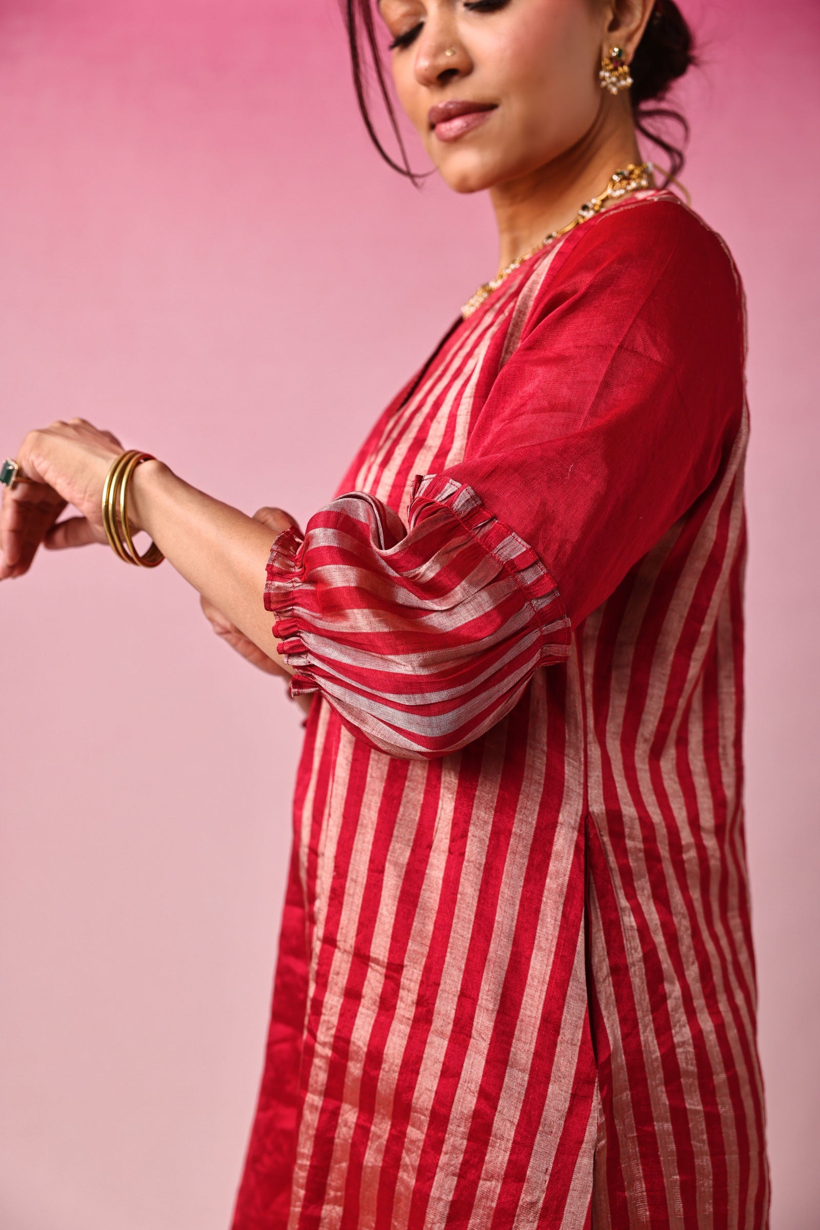 Lalita Zari Tissue Kurta Set in Red by Lavira